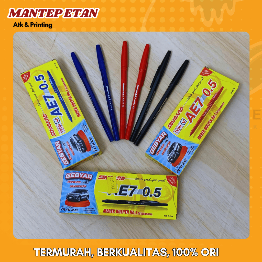 

BOLPOIN STANDARD AE7 0.5mm HITAM, MERAH, BIRU (1 Pack)