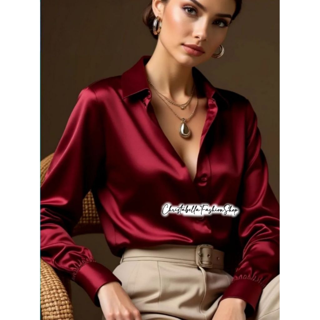 New Fashion Satin Silk Premium Import / Kemeja Formal atau Kasual Polos Nyaman Kemeja Satin Wanita