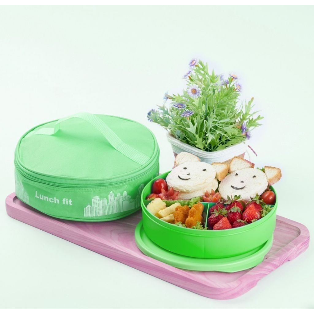 Tempat Makan Plus Tas Lunch Fit Set / Marvel Kotak Makan Plastik 3 Sekat / Bekal Makan Bulat Lnch Ba