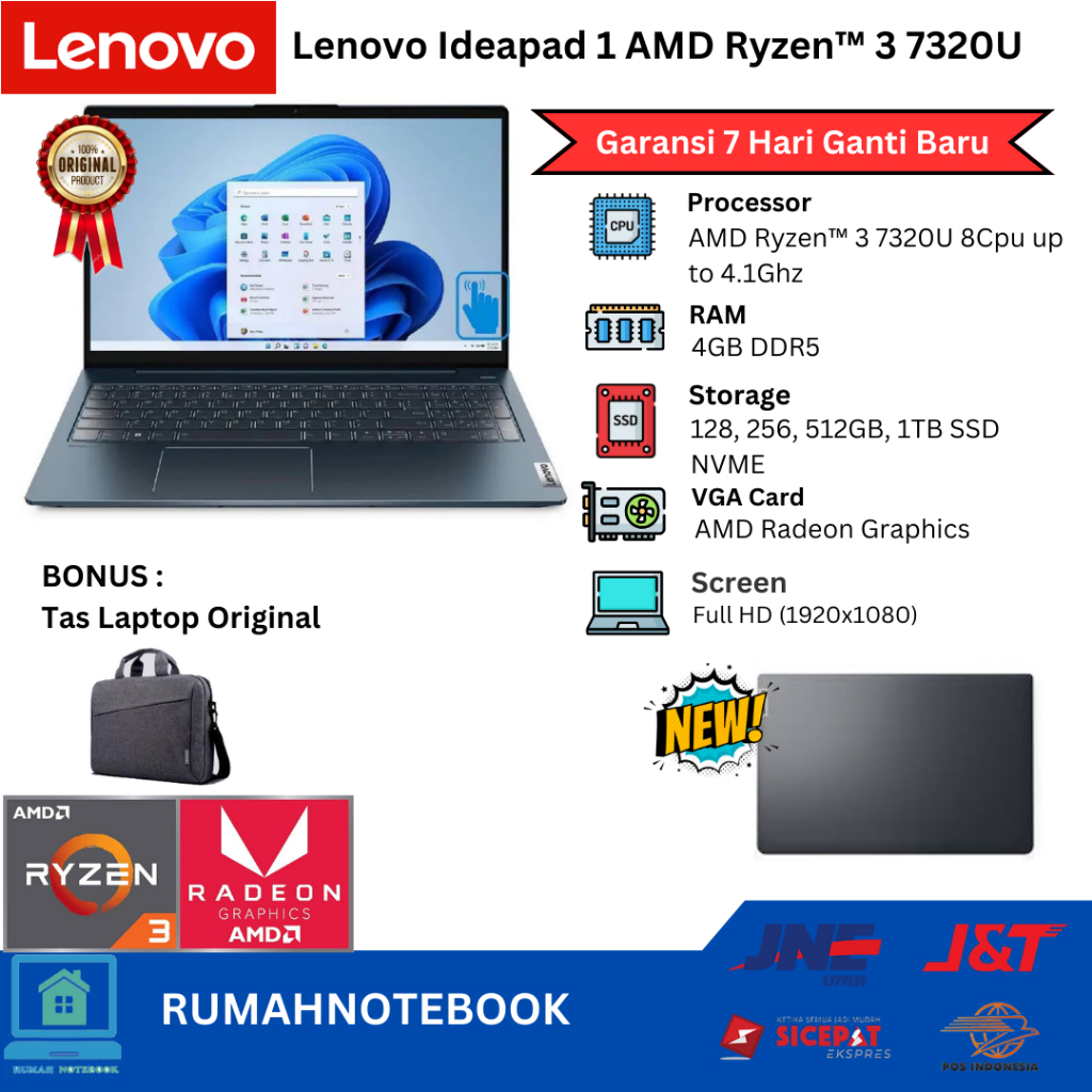 Laptop Baru Lenovo Ideapad Slim 1 AMD Ryzen 3 7320U 8Cpus up to 4.1Ghz