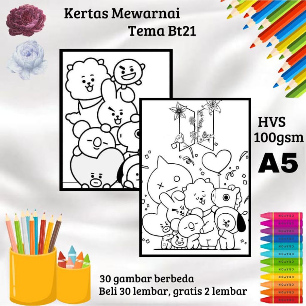 

30 LEMBAR KERTAS GAMBAR MEWARNAI TEMA BT21 (READY LANGSUNG KIRIM)