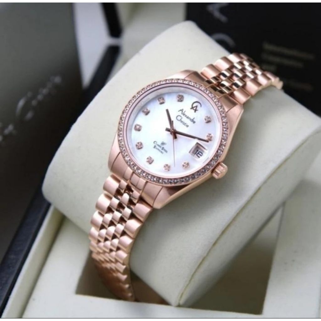 JAM TANGAN WANITA ORIGINAL ALEXANDRE CHRISTIE AC5012LD ALL ROSEGOLD  DIAL KERANG MATA STAINLESS STEE
