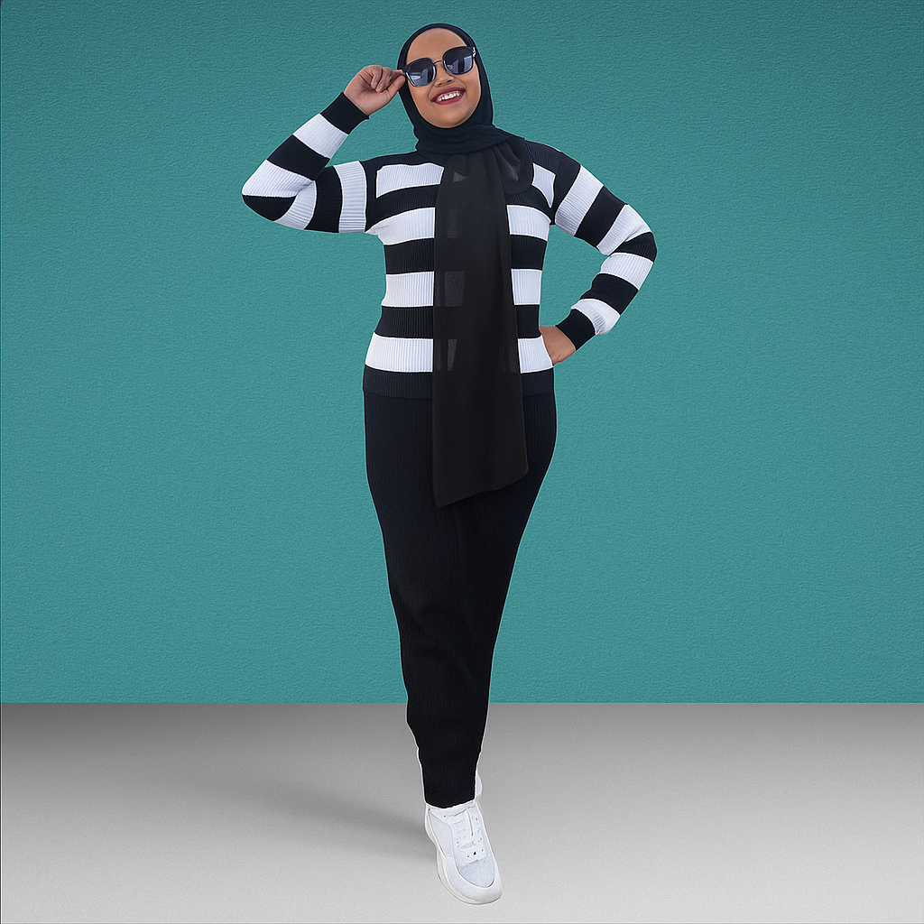 Setelan Sweater Garis Hitam Putih dan Celana Panjang SET CLARA - Setelan Baju Rajut Wanita Elegan | 
