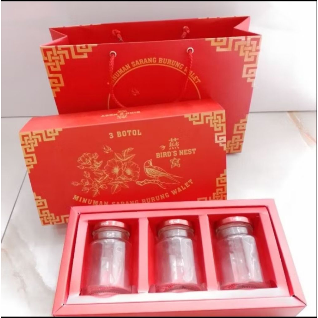 

kotak hamper minuman sarang burung walet isi 3 botol 100ml tersedia 2warna kotaknya pink dan merah