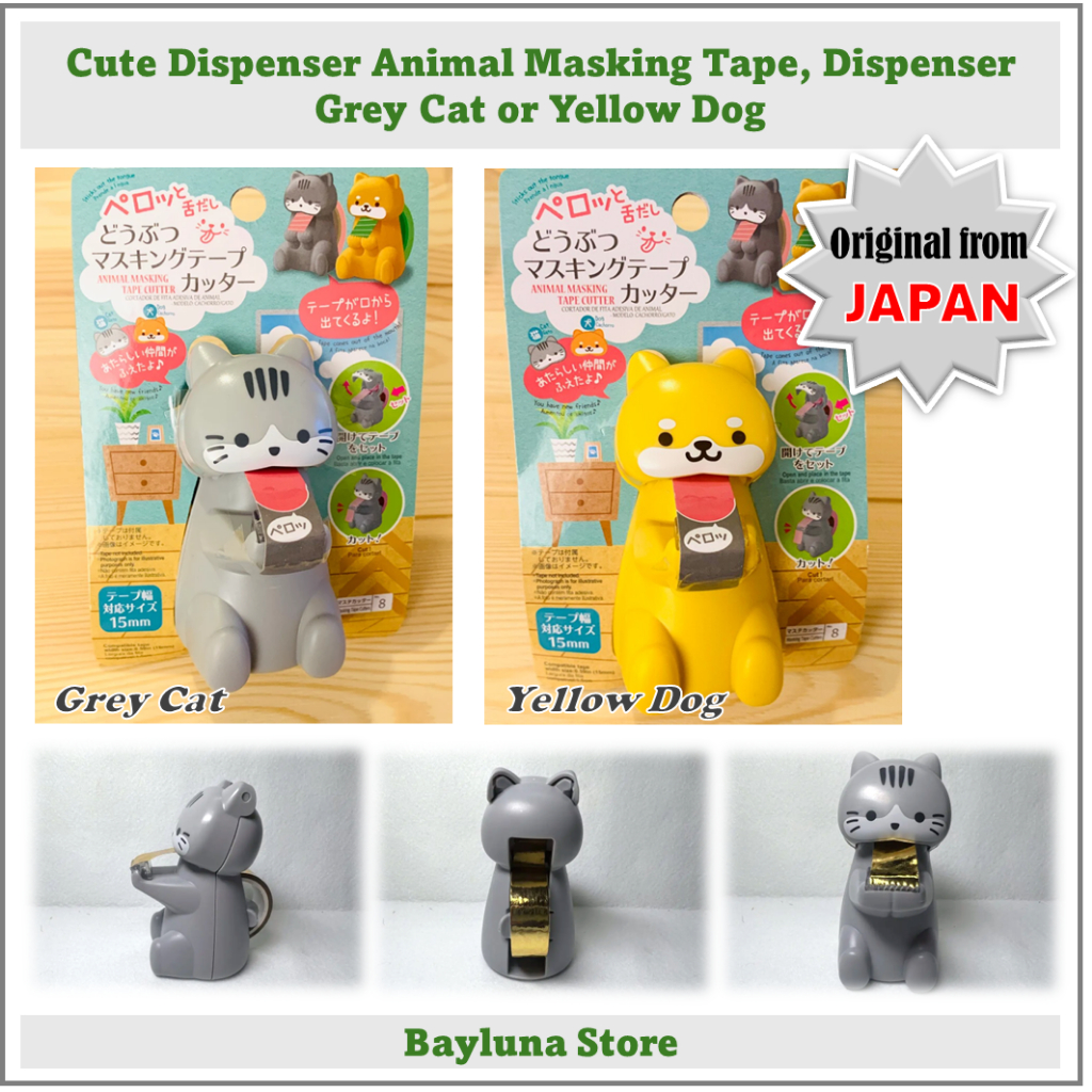 

BYL [ORIGINAL FROM JAPAN] Dispenser Masking Tape, Cute Animal Dispenser Tape Grey Cat or Yellow Dog