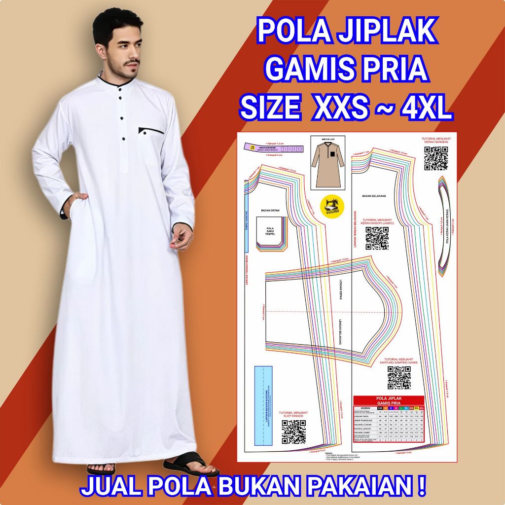 POLA JIPLAK GAMIS PRIA JUBAH PRIA KERAH HARAMAIN KHAS TIMUR TENGAH