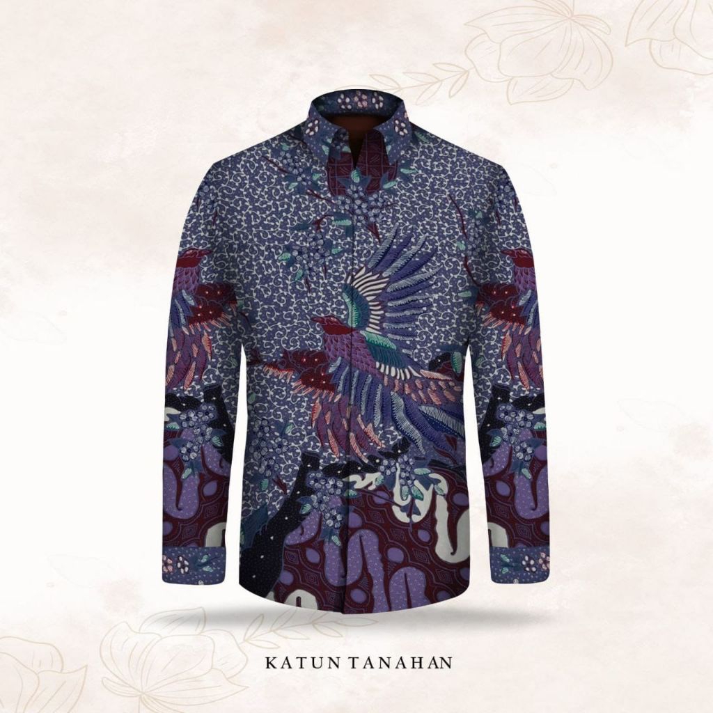 kain batik tulis pria tanahan bahan katun motif burung. batik warna ungu orange hitam abu hijau. er