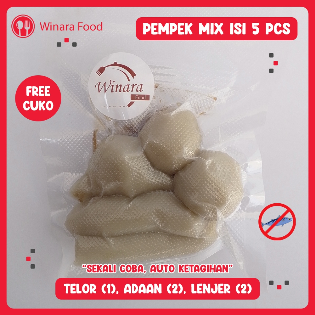 

Pempek Mix isi 5 pcs - Pempek DOS Tanpa Ikan - Pempek Palembang - Pempek Cuko Sedap