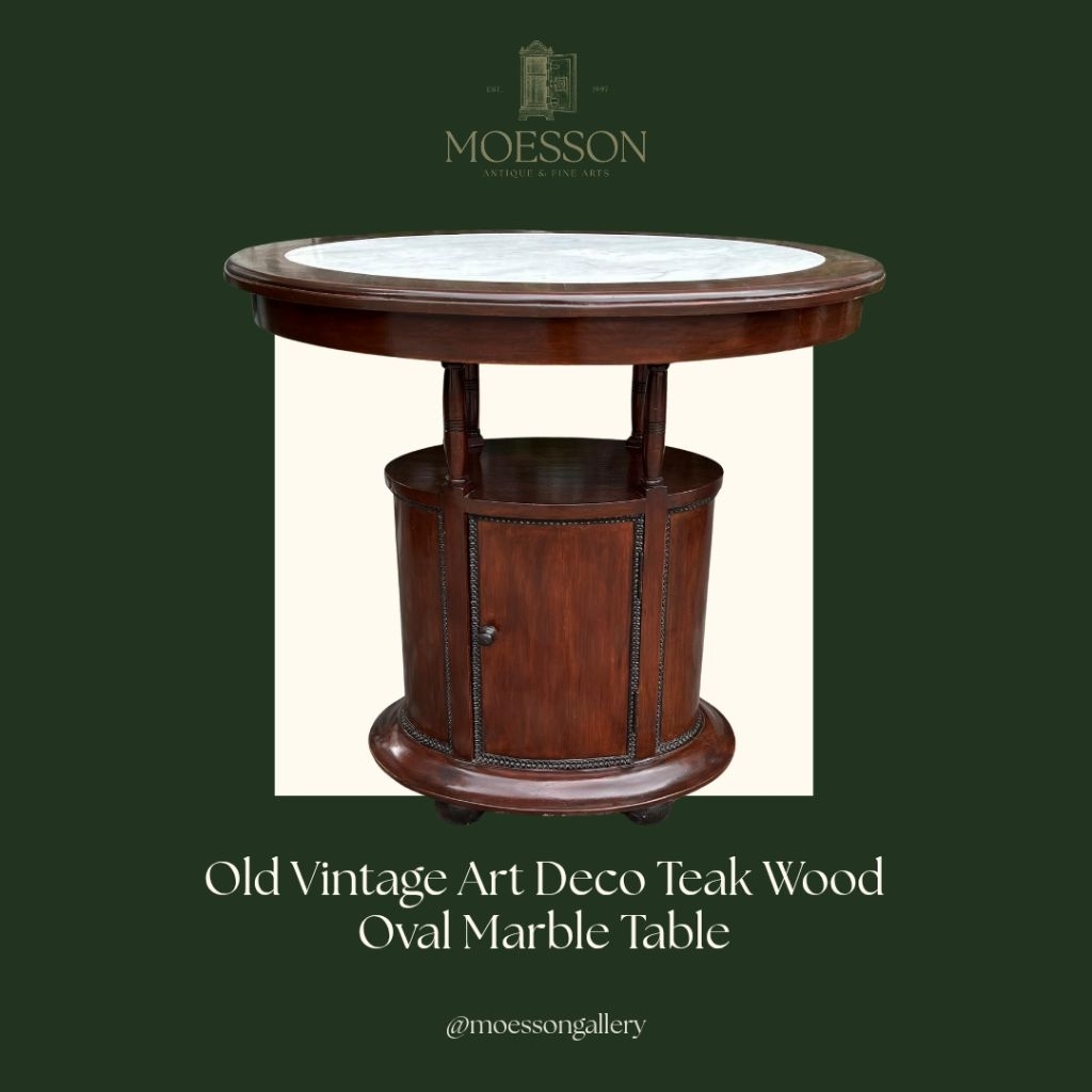 Meja Marmer Oval Art Deco Kayu Jati Lawas Jadul Tua