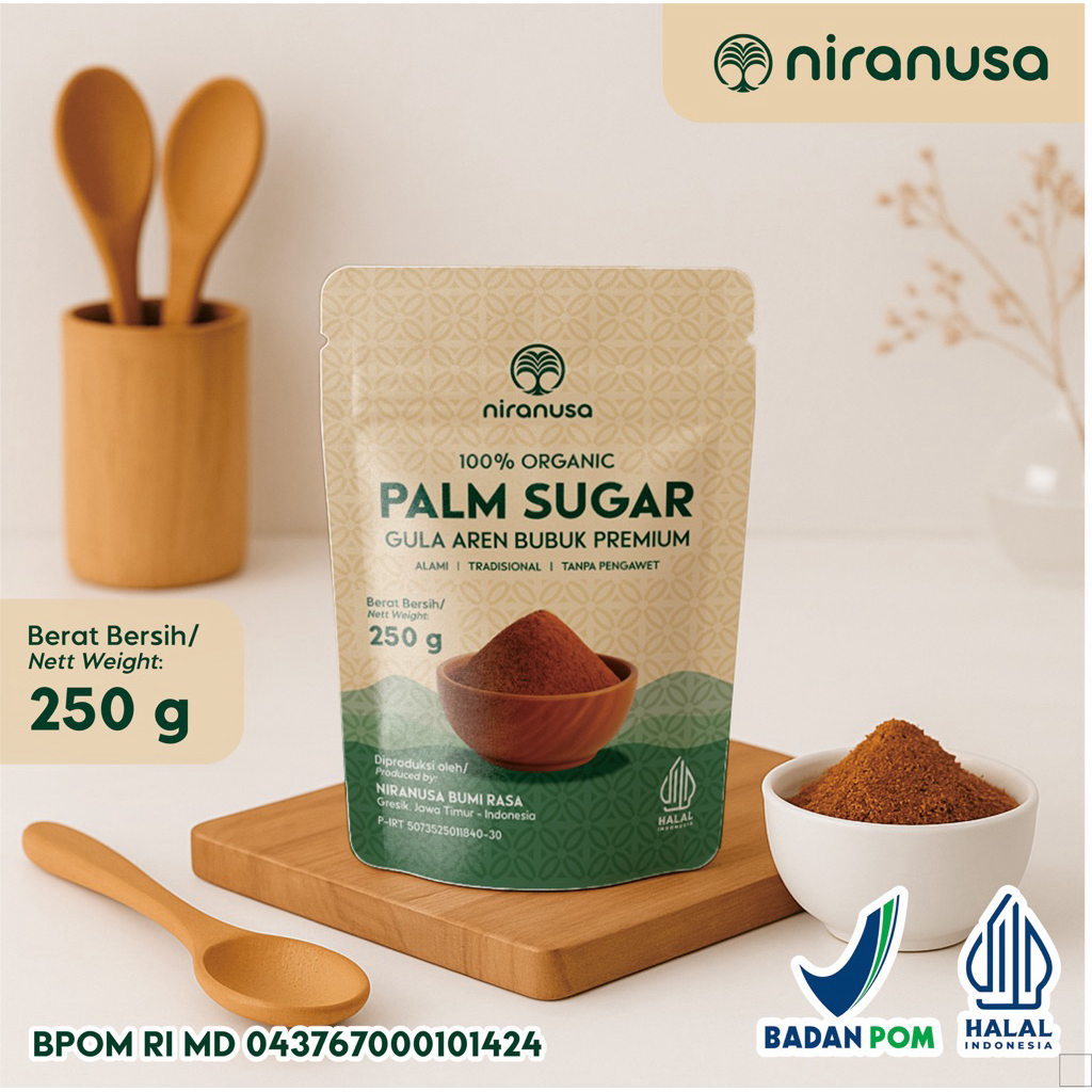 

Gula Aren Bubuk Organik 250g (BPOM) - Palm Sugar Premium • Tanpa Pengawet (STANDING POUCH ZIPLOCK)