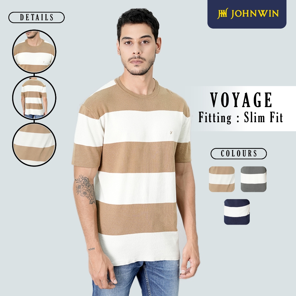 Johnwin - Kaos Sweater - Kaos Voyage - Motif Salur - Coklat Putih - FSW.660.D055.001.C-S/S