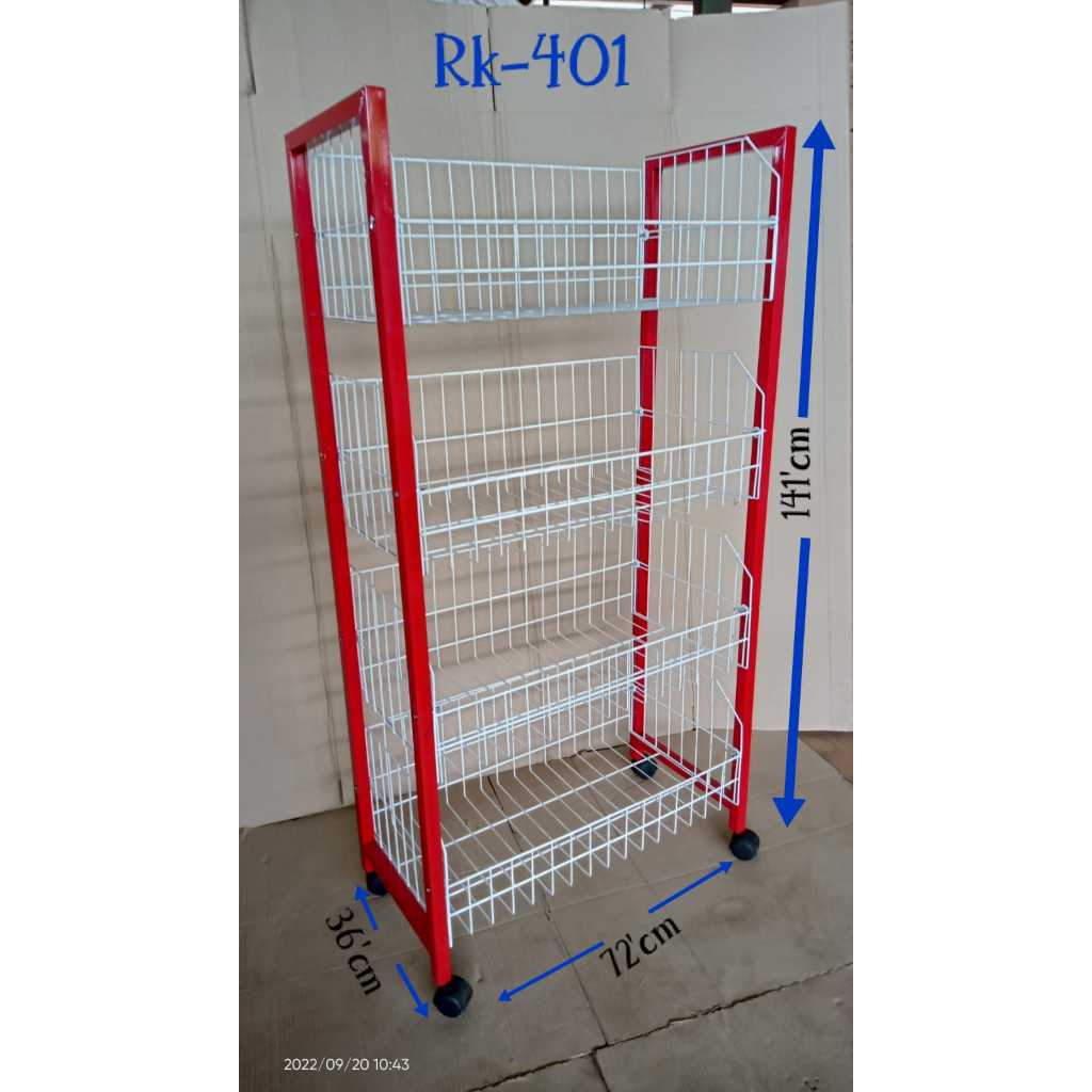 Rak Display Besi 4 Susun – Rak Serbaguna Toko/Minimarket | Rak Chiki 4Susun + Roda