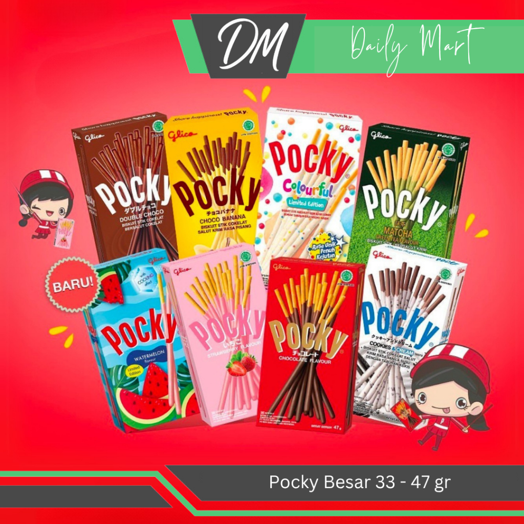 

Pocky Besar 33-47gr All Varian Chocolate/Strawberry/Double Choco/Milky Matcha/Cookies and Cream/Choco Banana - Snack Glico Enak Murah Original Bergizi