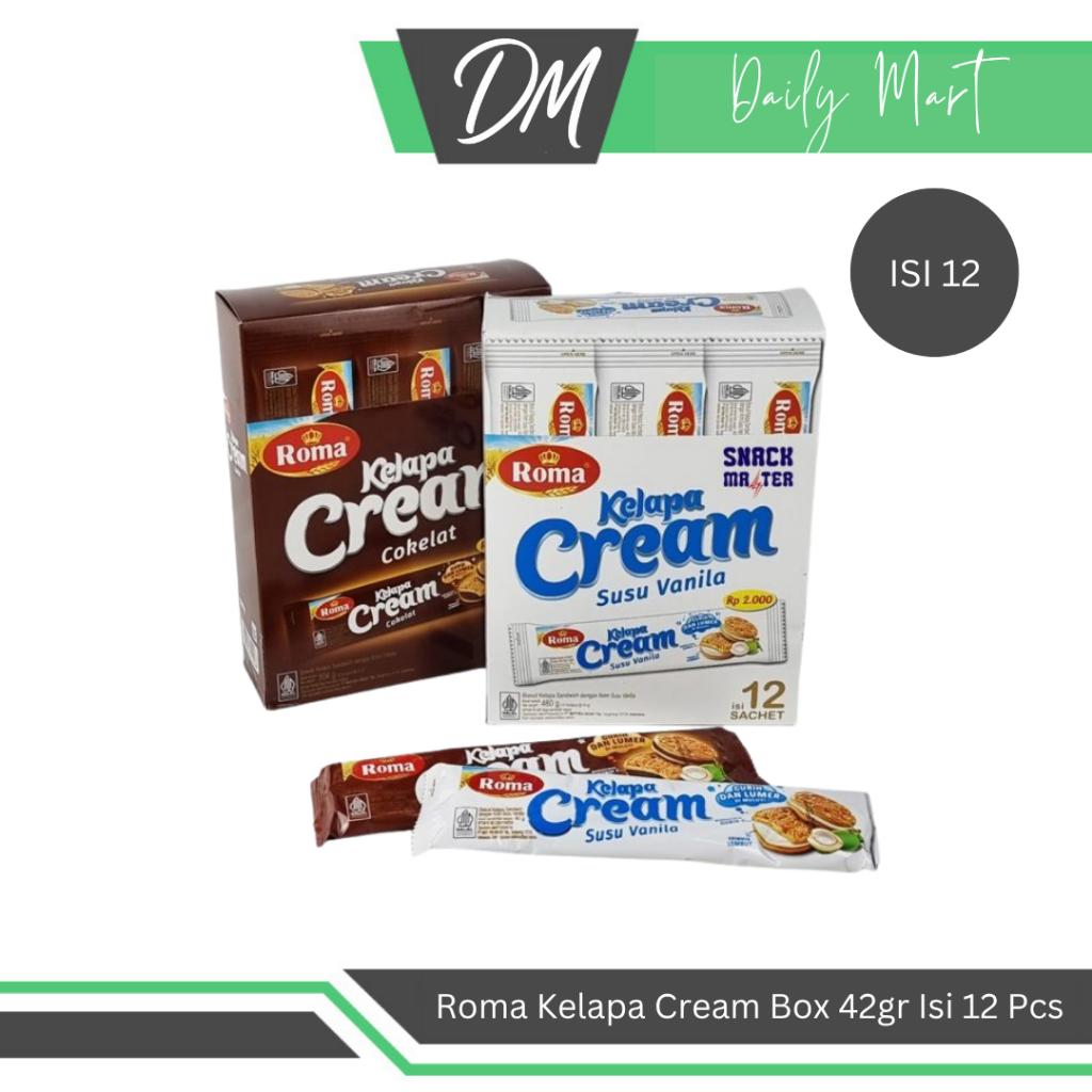 

Roma Kelapa Cream 42gr 1 Box Isi 12 Pcs All Varian Coklat/Susu Vanilla - Biskuit Enak Murah Bergizi