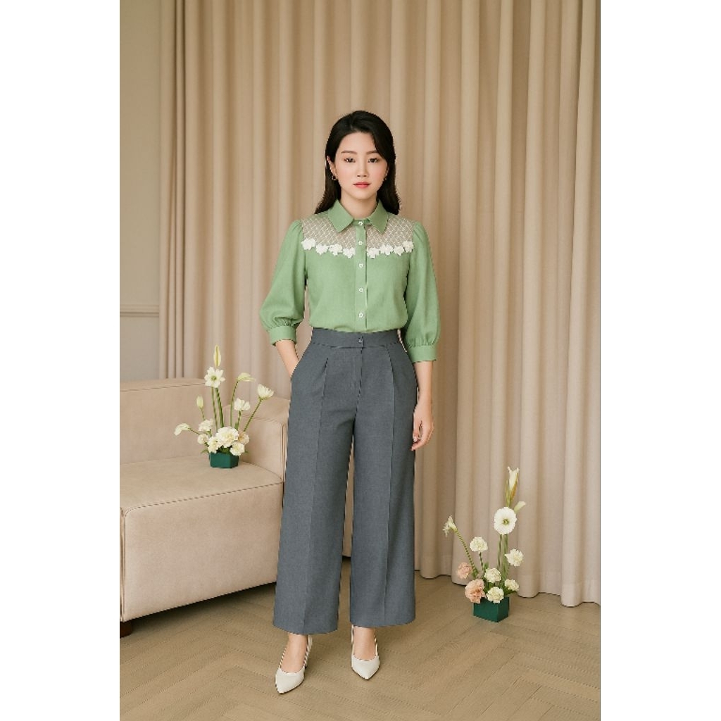 Blouse Saja | Blouse Renda Wanita Kerja Elegan | Kemeja Modis Lengan 3/4 Bordir Floral – Baju Kantor