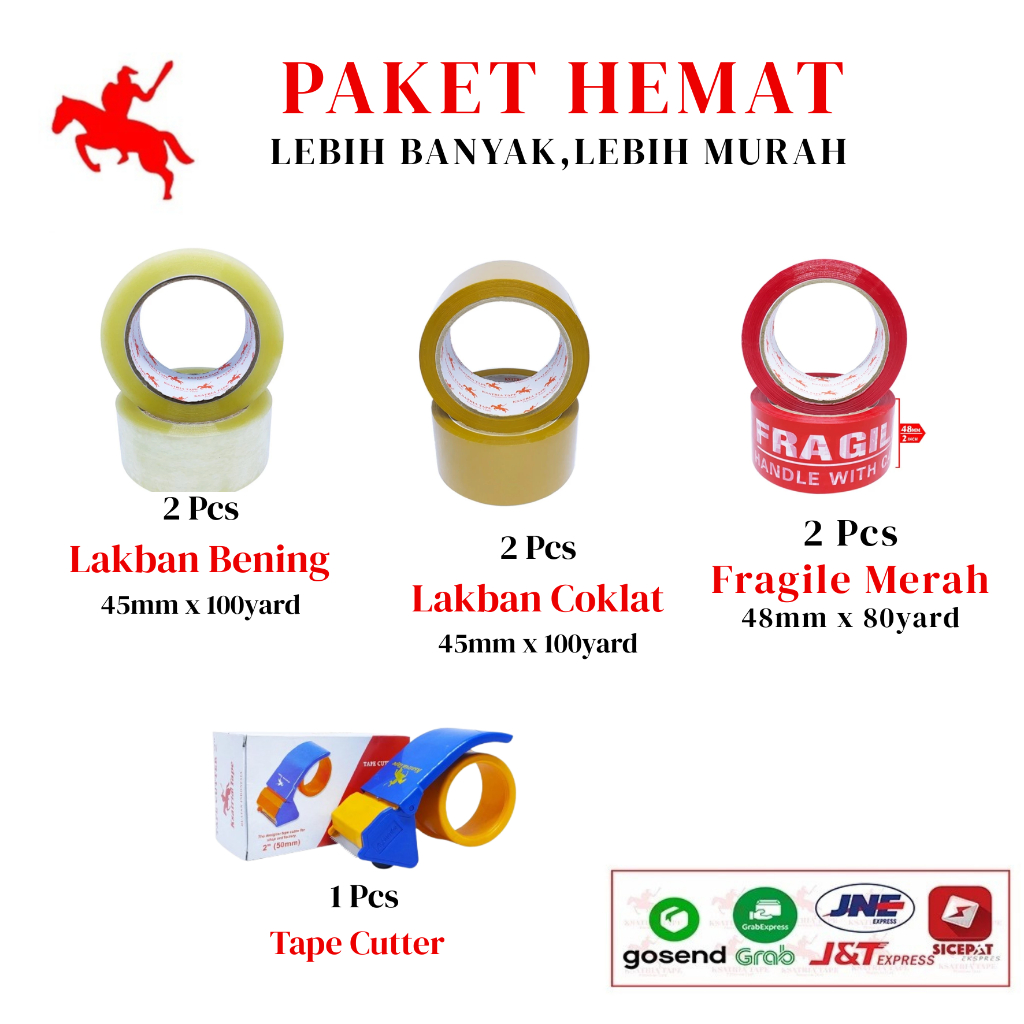 

PAKET LAKBAN HEMAT- 2 PCS Lakban Bening + 2 PCS Lakban Coklat (45mm x 100yard) + 2 PCS Fragile Merah (48mm x 80y) + Tape Cutter