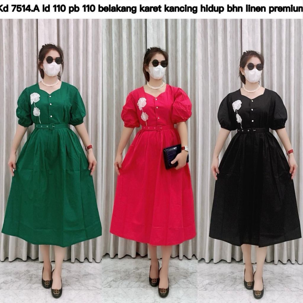 Dres polos KD 7514 Casual Kancing Karet Linen Wanita Midi Baju Pendek Panjang Gaun