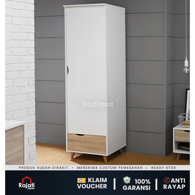 Lemari Baju 1 Pintu Minimalis – Kayu Multiplek Kaki Jati + Laci Natural – Rajati Jepara
