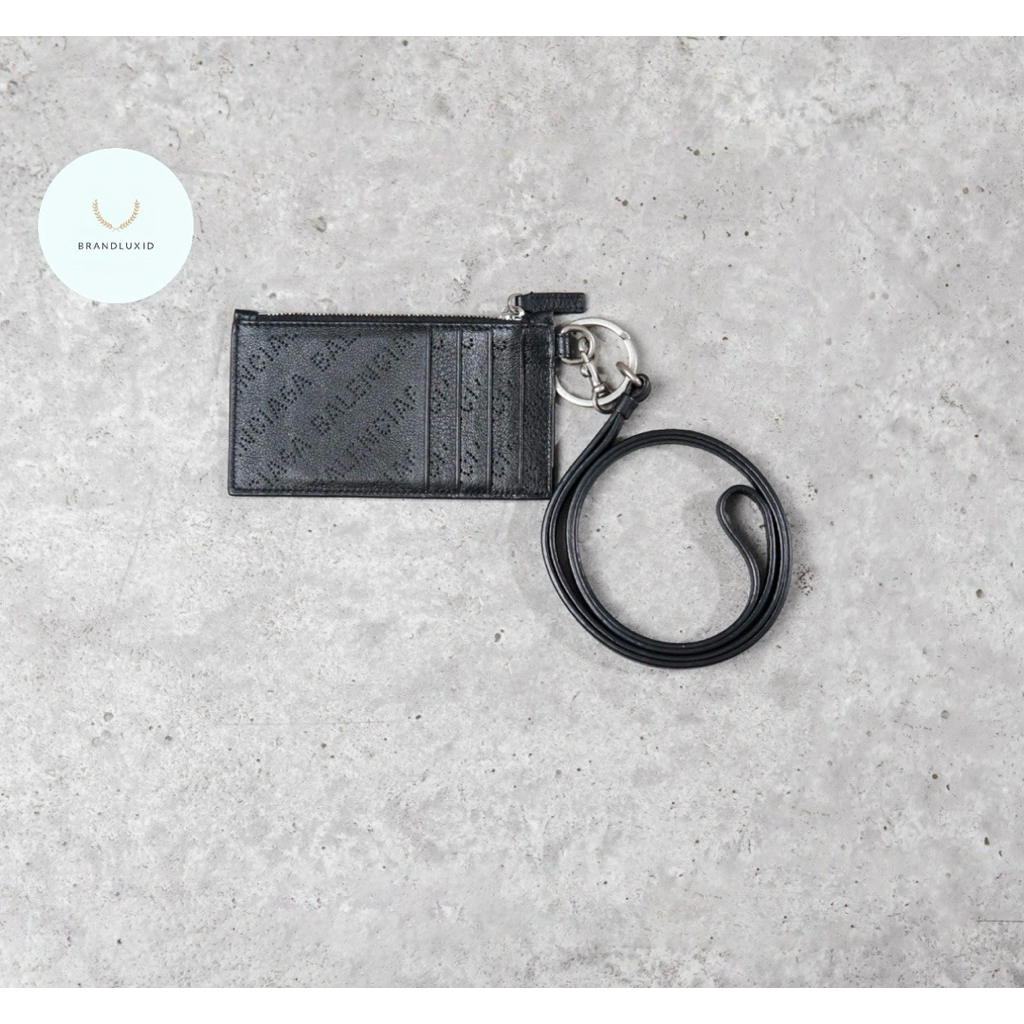 

Balenciaga All Over Text Dotted Embossed Leather Zip Card Lanyard in Black
