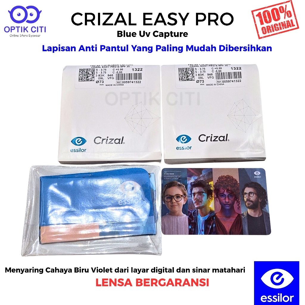 Lensa Kacamata Blueray Essilor Crizal Easy Pro Blue Uv Capture 1.56 Original