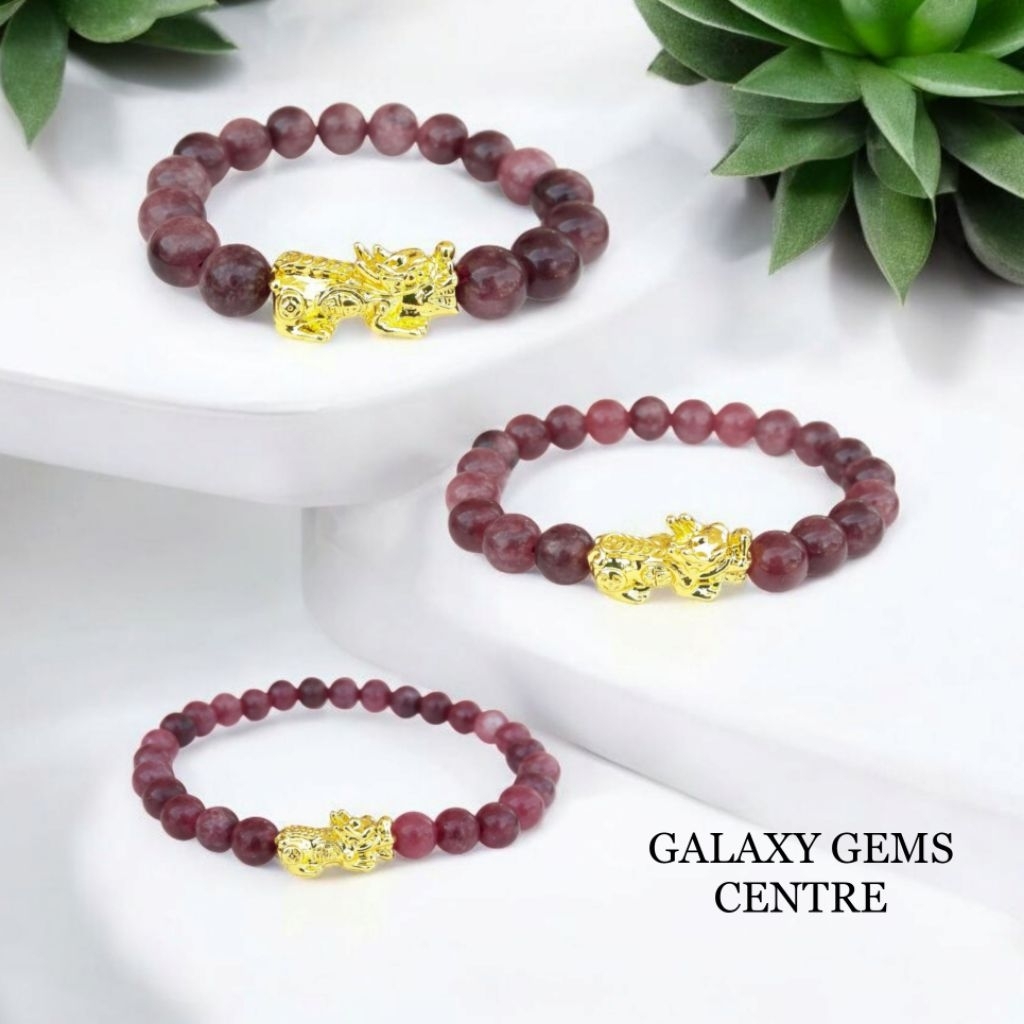 Gelang Manik Manik Lepidolite Garnet Bracellet Pixiu Emas