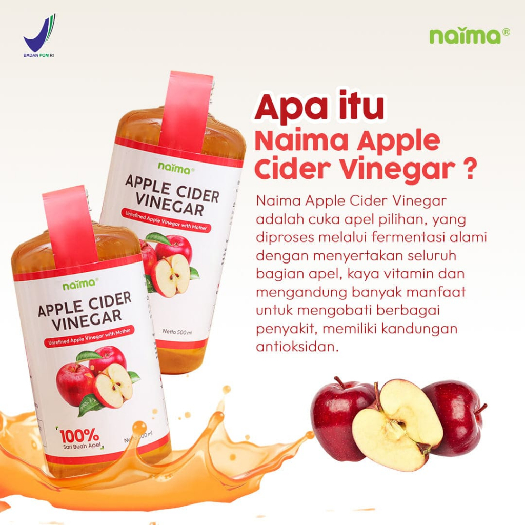 Cuka Apel Naima - 2 Botol - 100% Sari Buah Apel - Original, Halal, dan Sudah BPOM - Tanpa Pengawet #