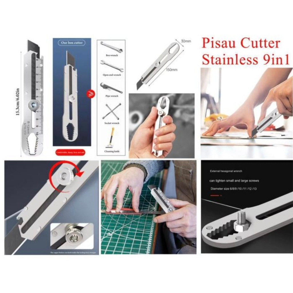 pisau cutter stainless multifungsi 9in1 penggaris buka botol mur