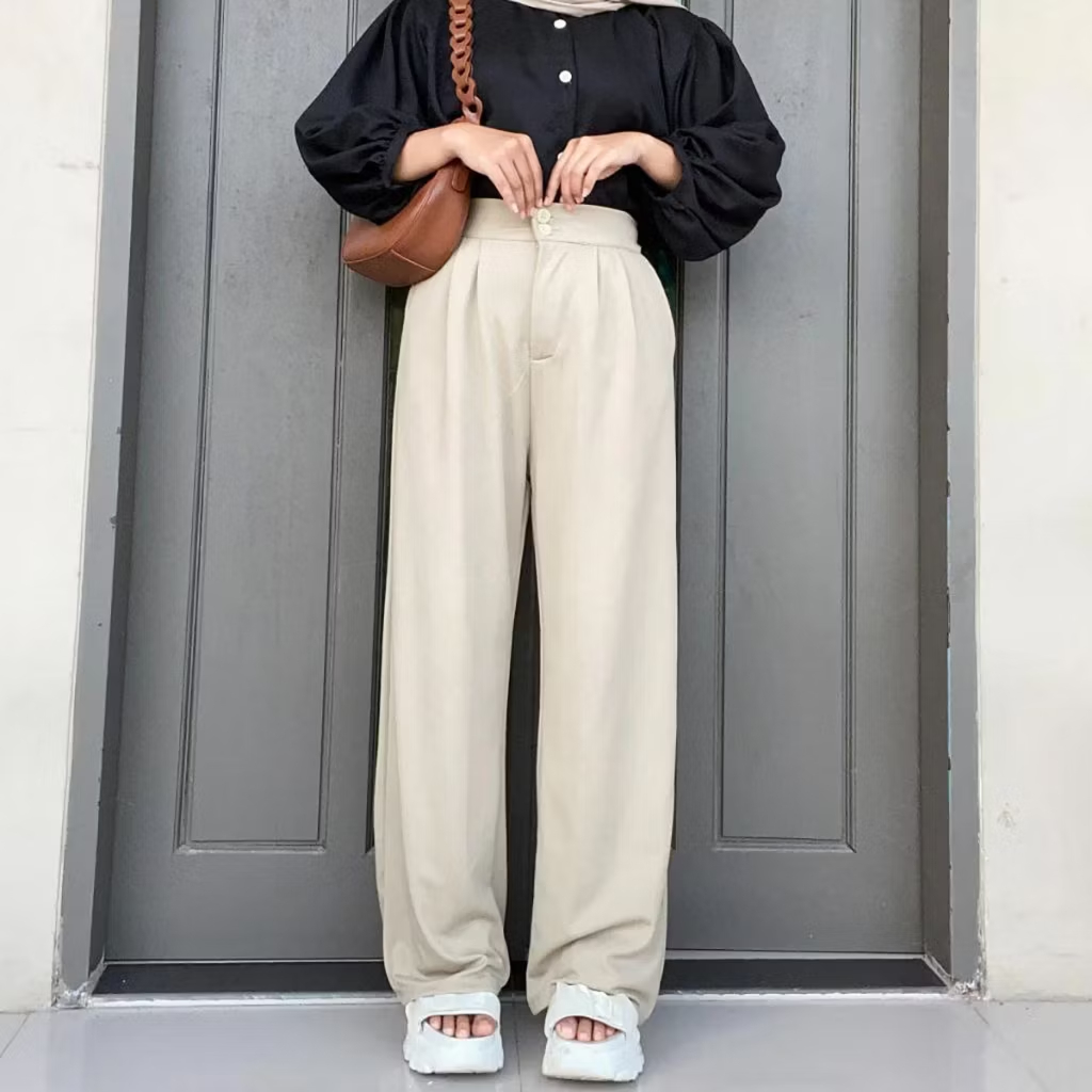 Jennie Pants Knit Premium Highwaist - Celana Kulot Daily Wanita - Cullote Loose Pants Panjang Kekini