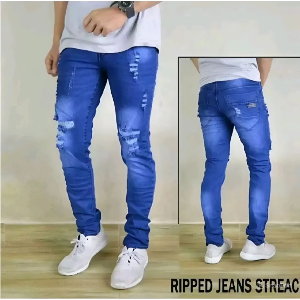 Jeans Sobek Riped Denim Pria Celana Sobek Riped Gaul Jeans Sobek Lutut Riped Bahan Street Melar