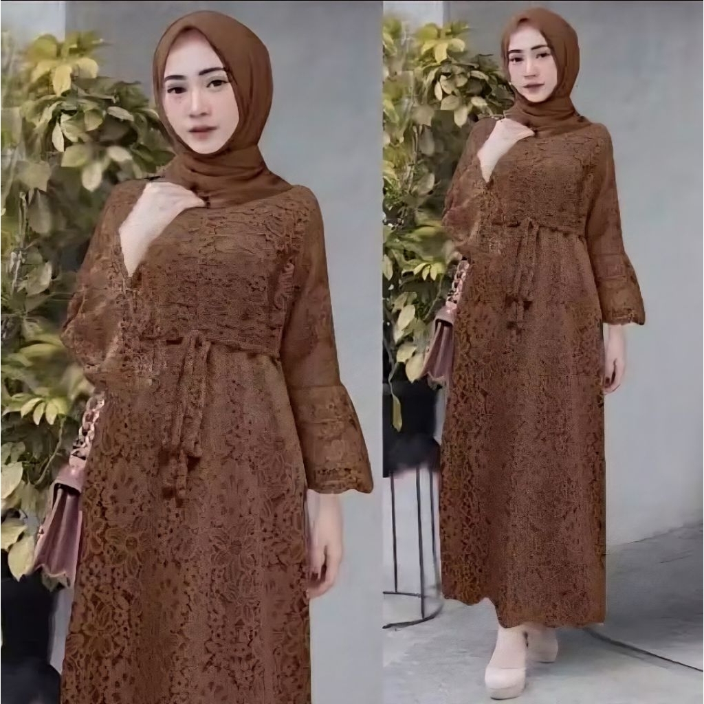 DRESS MAHOGANI BRUKAT YASINA GAMIS BRUKAT YUNI FASHION MUSLIM GAMIS PESTA