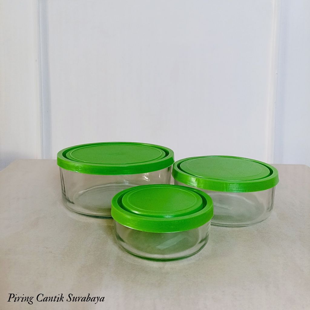 Set Toples Kaca Bulat dengan Tutup Warna Hijau| Wadah Makanan Kaca