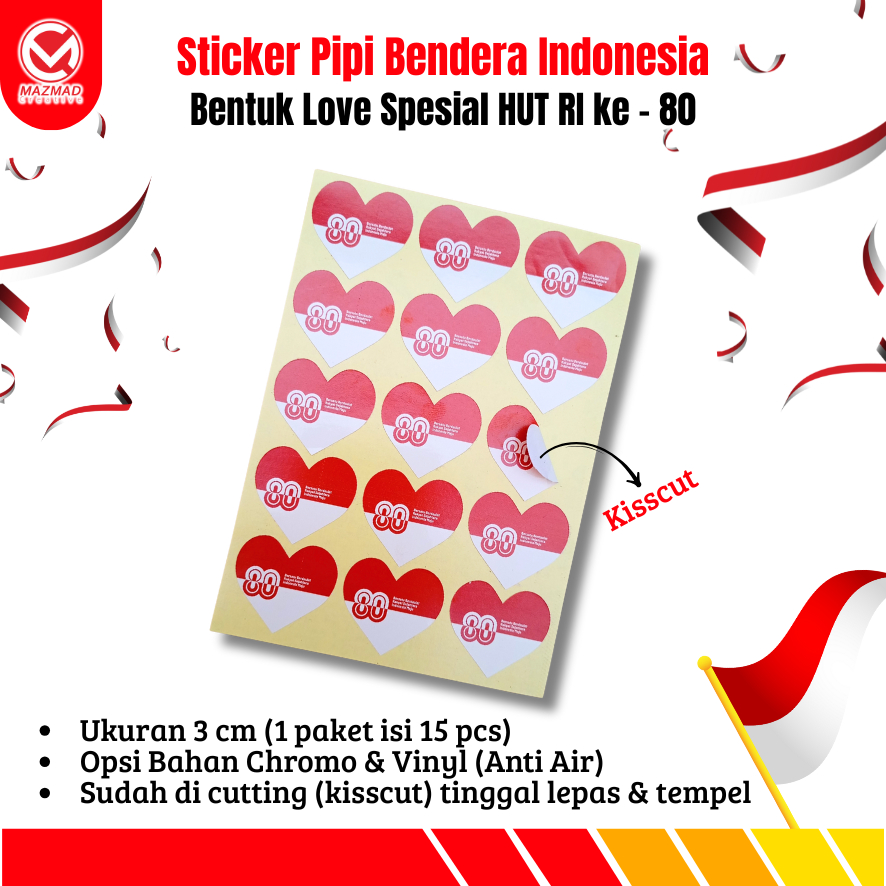 

STIKER PIPI BENTUK LOVE BENDERA INDONESIA / Sticker Bendera Merah Putih 1 Paket isi 15 pcs