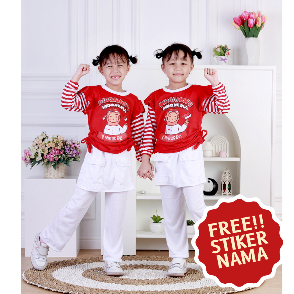Dungdungkids Setelan Kaos Kemerdekaan Anak Perempuan Merah Putih Dirgahayu 17an Katun 3 - 11 Tahun