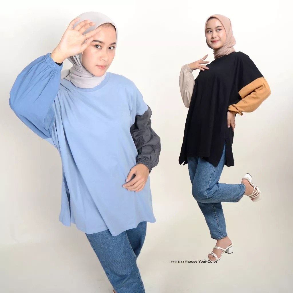 Kaos Chic Oversized Wanita Campur Warna Tricolor Lengan Balon Atasan Jumbo Muslim