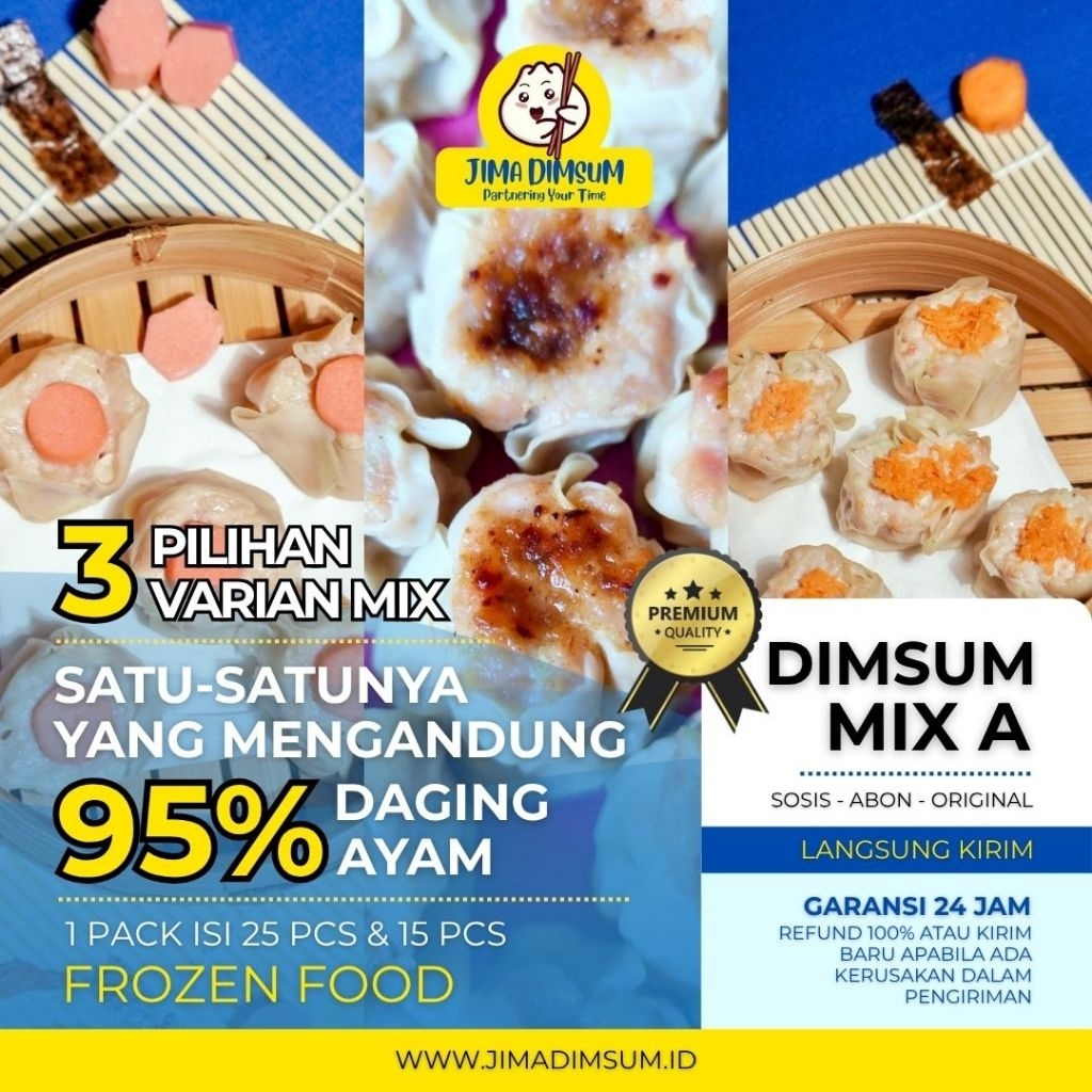 

Jima Dimsum Mix A (Sosis, Abon, Original) Frozen Food 1 pack isi 25 pcs Halal Premium