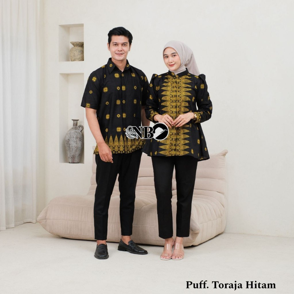 Couple Batik Toraja Hitam – Baju Batik Pasangan Modern Elegan Lengan Panjang & Pendek