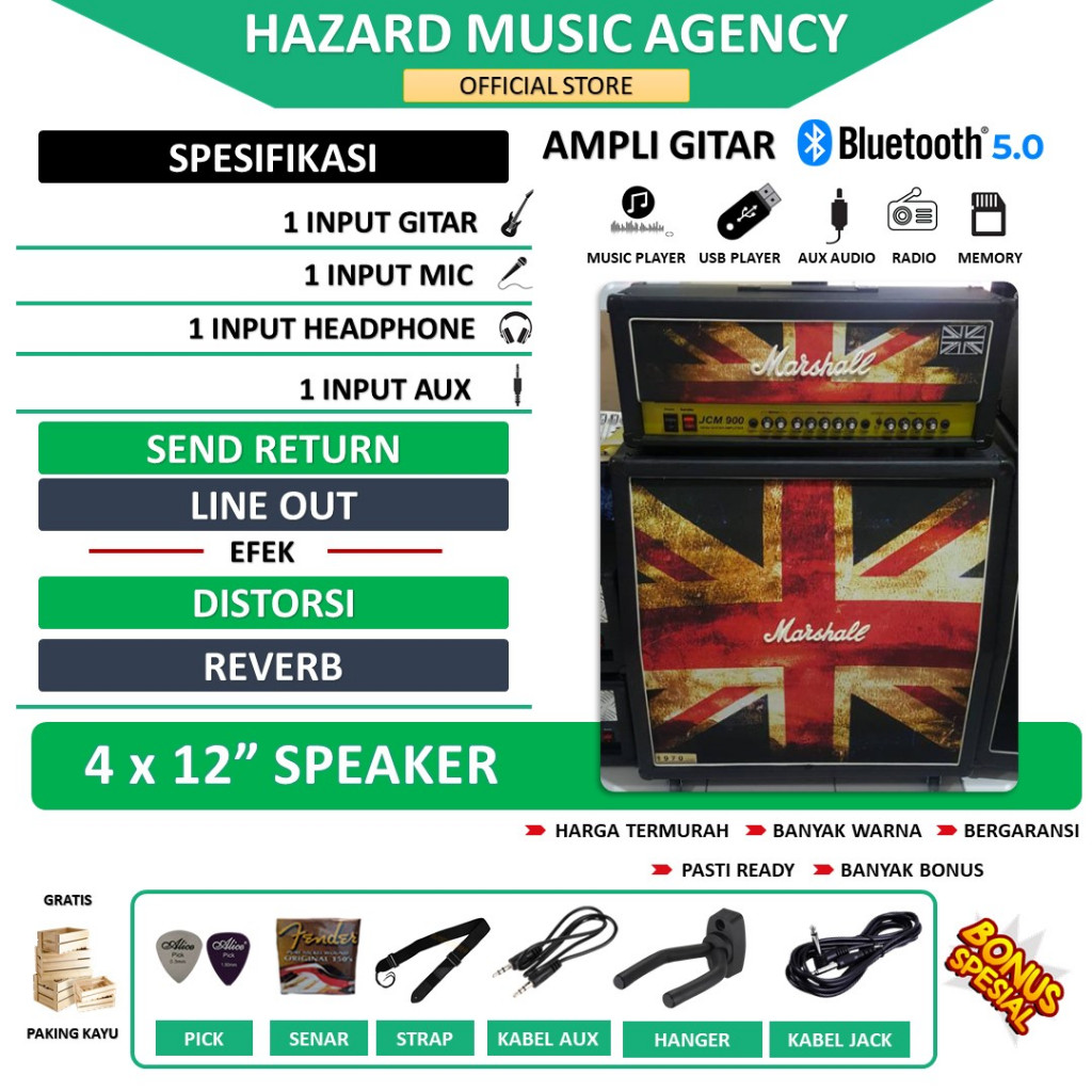 Ampli Gitar & Bass 4x12 Inch Marshall bisa untuk karaoke 3 Input Head Cabinet termurah