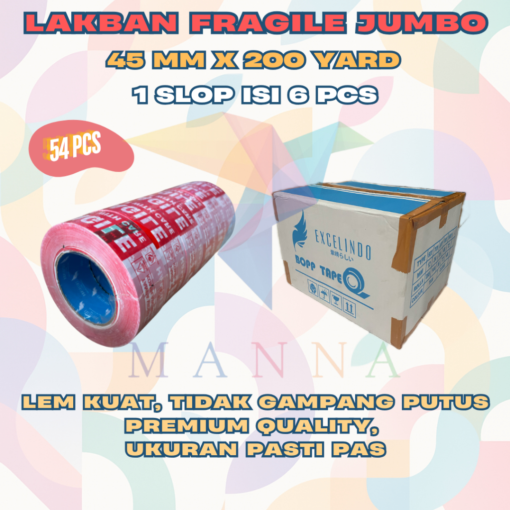

(Dapat 54 pcs) MANNA Lakban Jumbo FRAGILE UNBOXING 2 inch 45mm x 200 YARD REAL + FREE 1 PCS ALAT PEMOTONG LAKBAN PREMIUM QUALITY