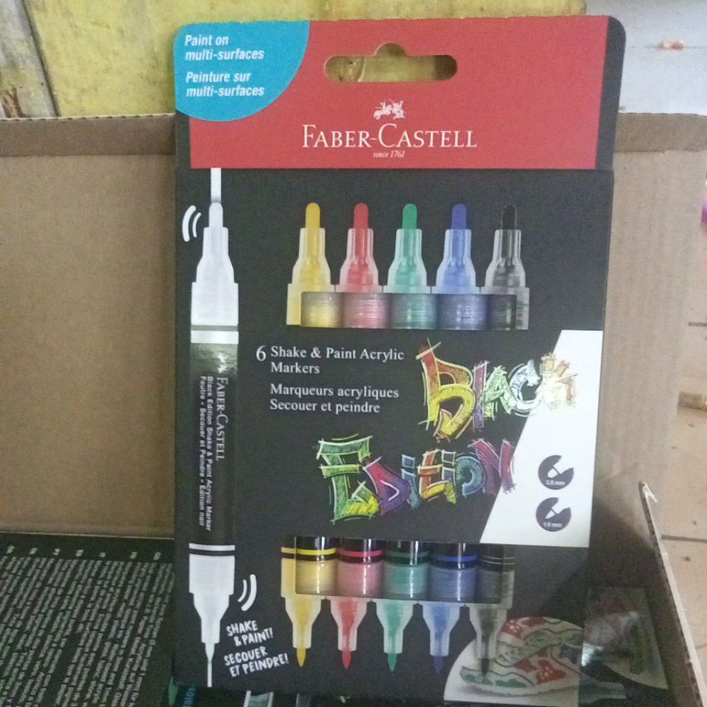 

Faber-Castell 6 shake & paint acrylic markers 3,0mm dan 1,0mm / shet