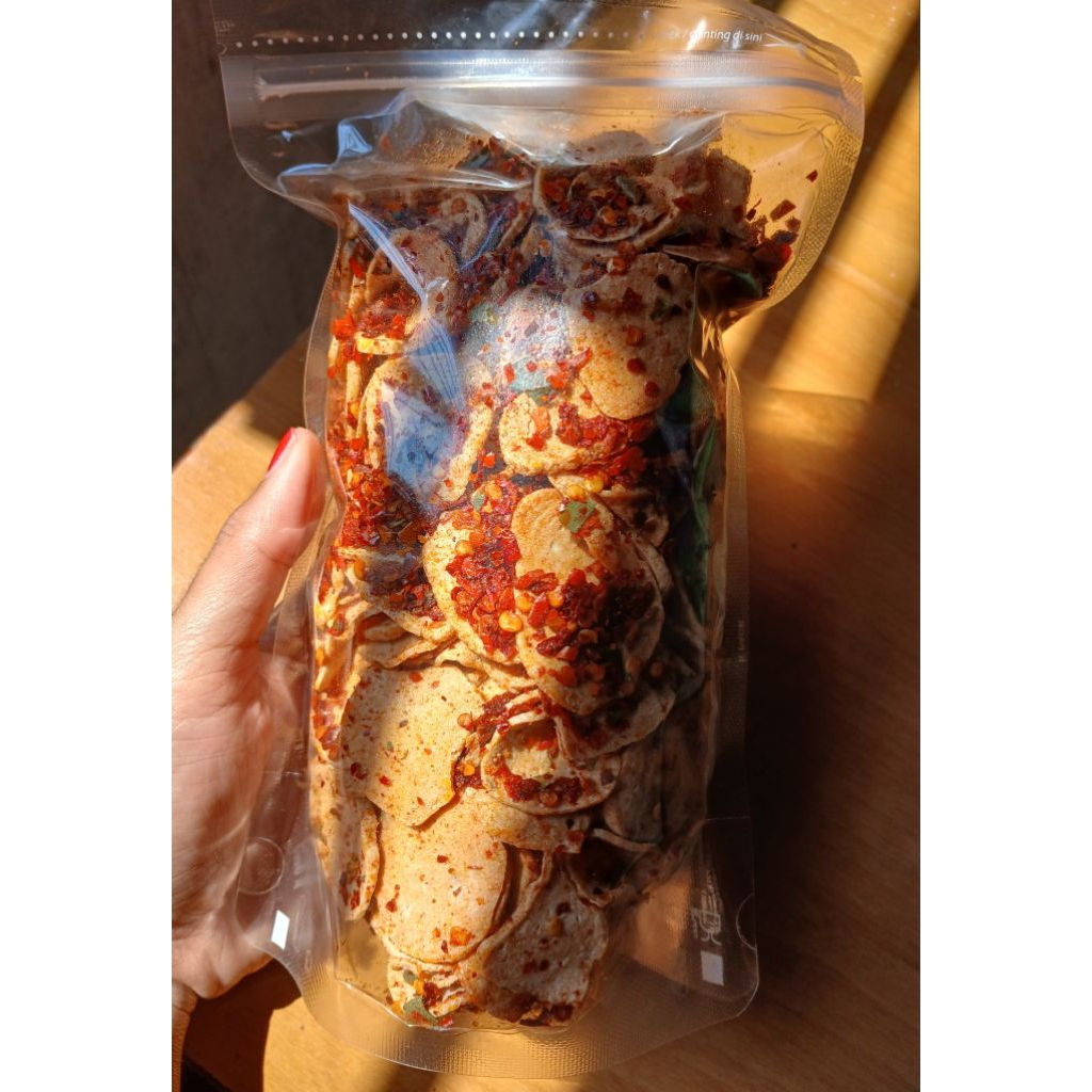 

camilan pedas basreng pipih basreng koin basreng stik pedas daun jeruk kemasan 250gr