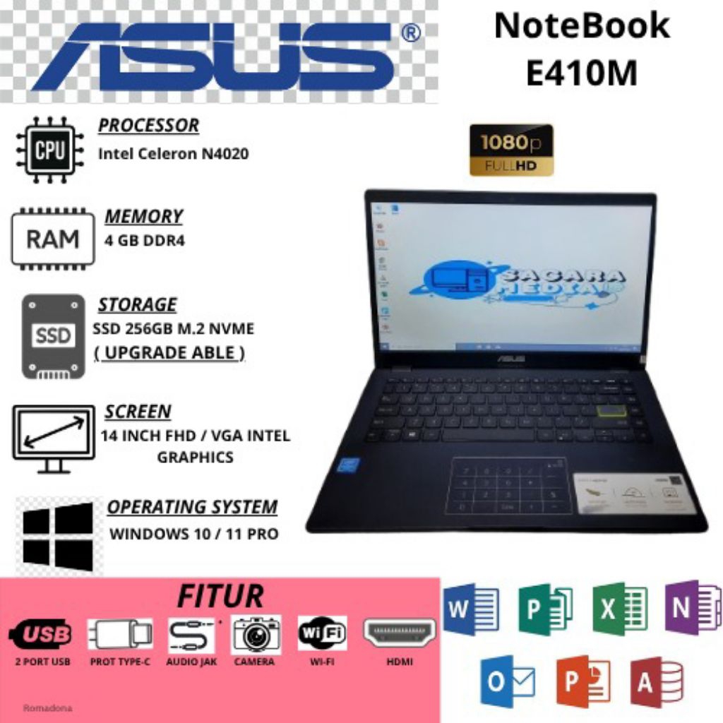 LAPTOP NoteBook ASUS E410M, Intel Celeron N4020, 4GB, SSD M.2 256GB