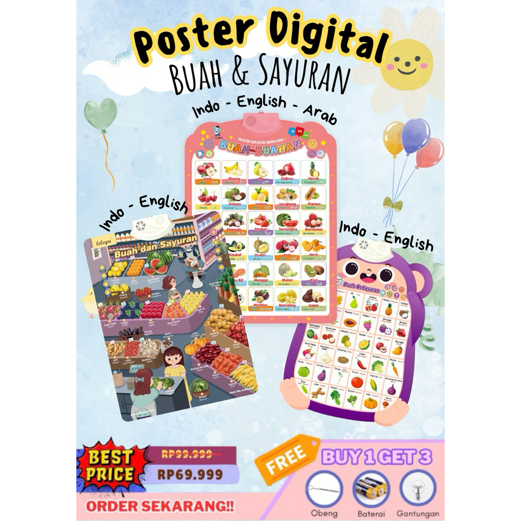 [DADAGING] POSTER DIGITAL VARIAN BUAH & SAYURAN 2 & 3 bahasa indonesia-inggris-Arab /  Mainan edukas