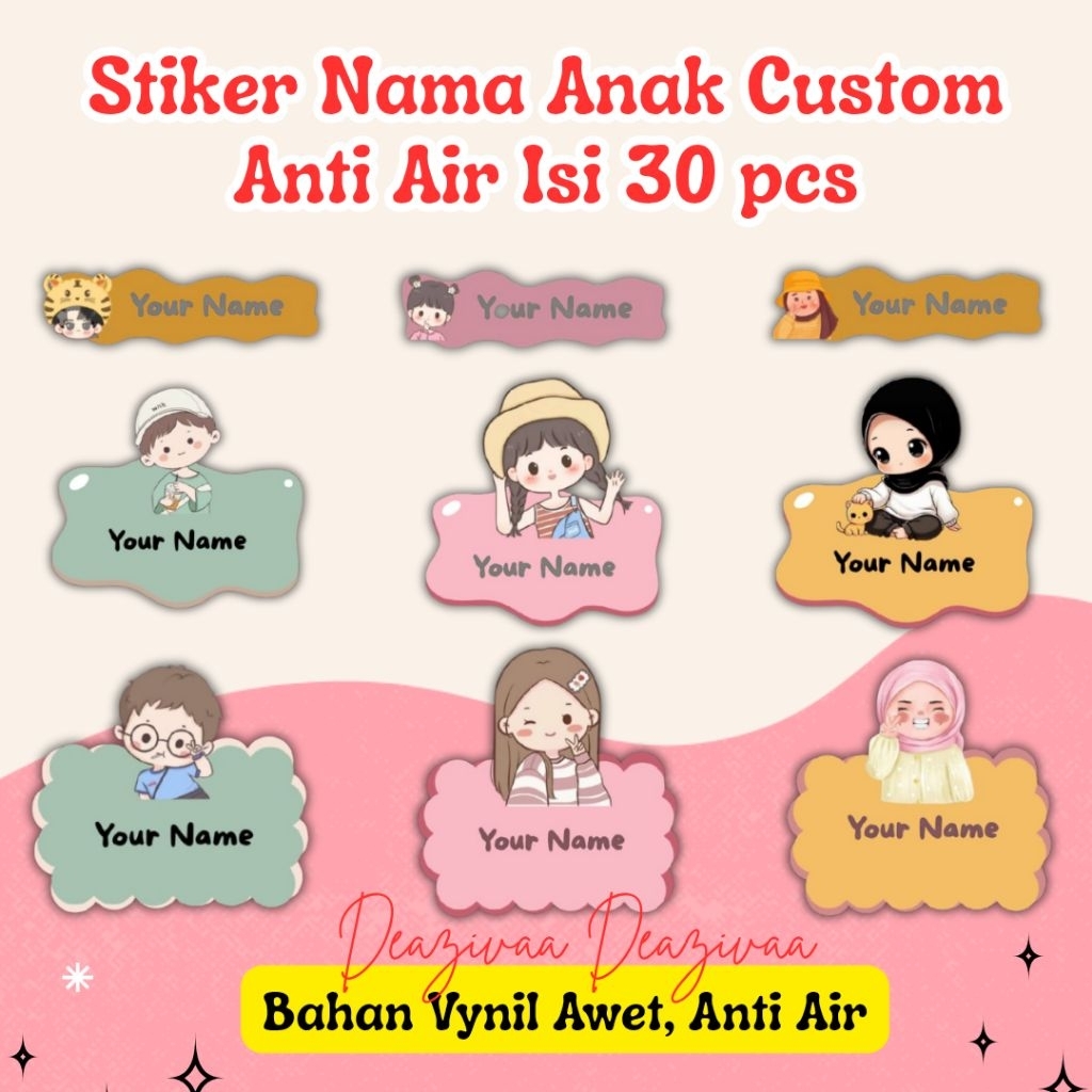 

STIKER CUSTOM NAMA ANAK WATERPROOF ANTI AIR BAHAN VYNIL UNTUK PENSIL / MAINAN / BARANG