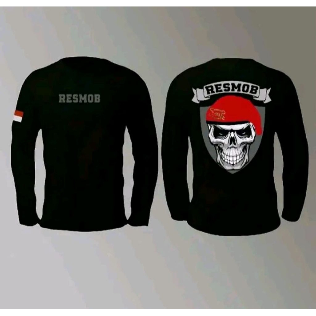 KAOS LENGAN PANJANG RESMON TENGKORAK BARER MERAH-DESAIN KEREN& GAGAH BAJJ KAOS PRIA POLISI
