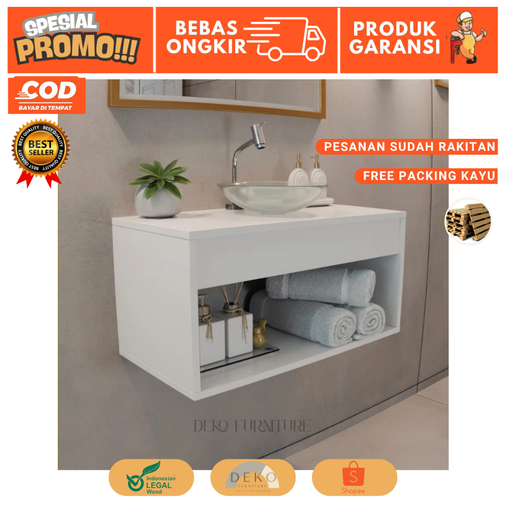 Lemari Wastafel Gantung Minimalis Putih – Rak Kamar Mandi Modern | Sudah Rakitan, Free Packing Kayu