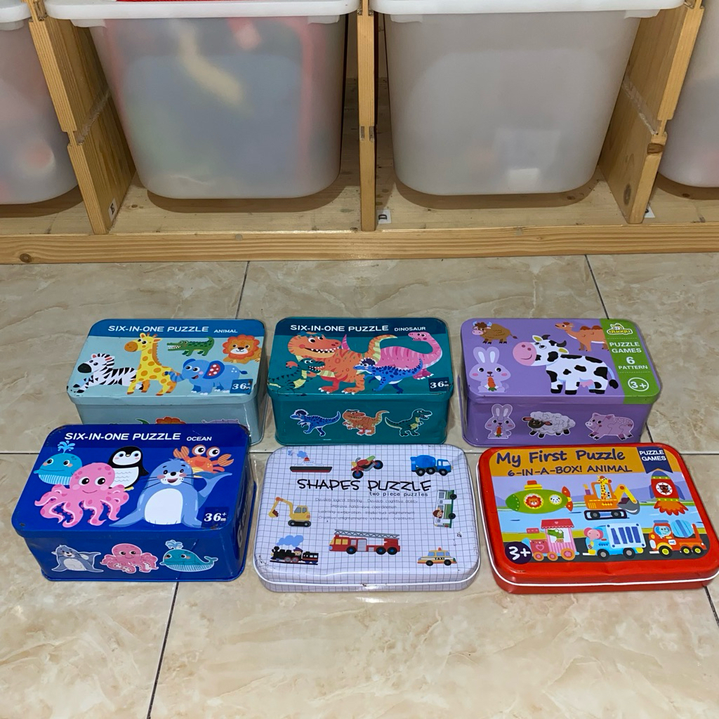 6-in-a-box Quality Wooden Jigsaw Puzzle in Metal Tin Box Kids' Educational Toy - Mainan Puzzle Kayu 