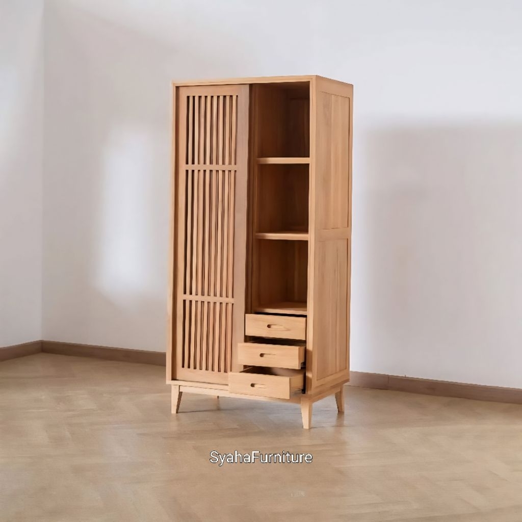 Almari pakaian kayu jati 2 pintu sleding minimalis simple