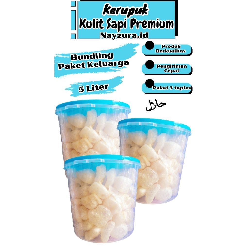 

Nayzura.id Kerupuk Kulit Sapi Asli Premium 3 Toples Rasa Gurih Asin Ukuran 5 L
