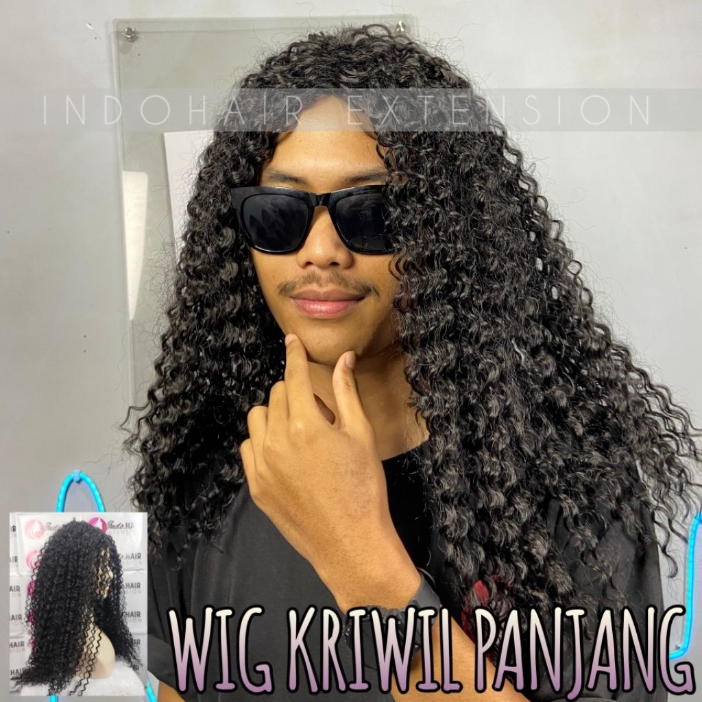 Wig Pria Rambut Panjang Model Rambut Keriting Kriwil Afrika Rambut Palsu Pria Curly Afrika Hitam  Co