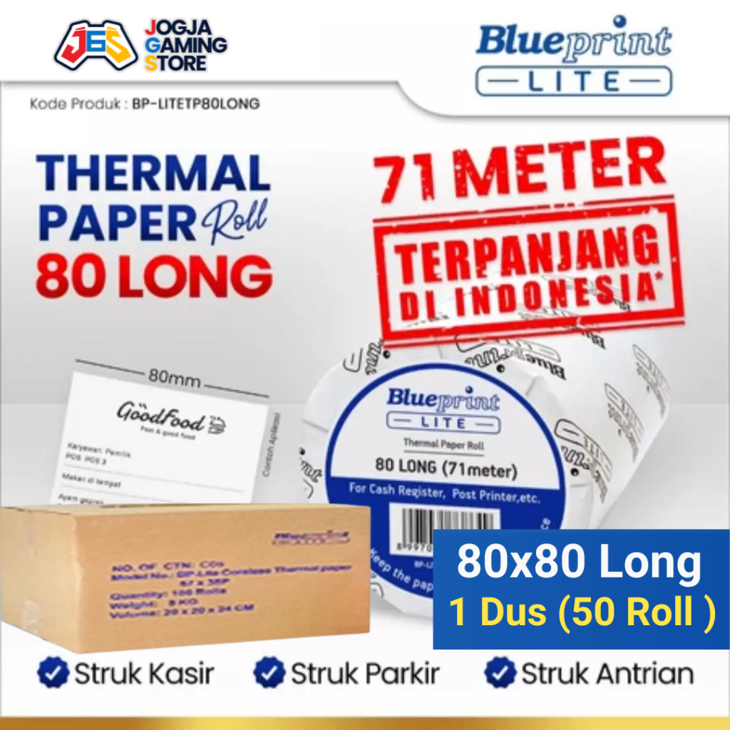 

Kertas Thermal Roll Struk Kasir Antrian Karcis Parkir PPOB BLUEPRINT LITE 80x80 mm Long - 80 Long Panjang 71 Meter - 1 Dus Isi 50 Roll